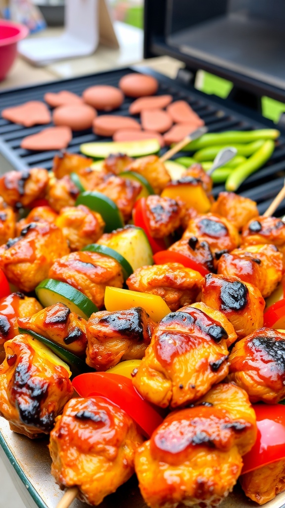 Grilled barbecue kebabs with chicken and vegetables served on a platter outdoors.